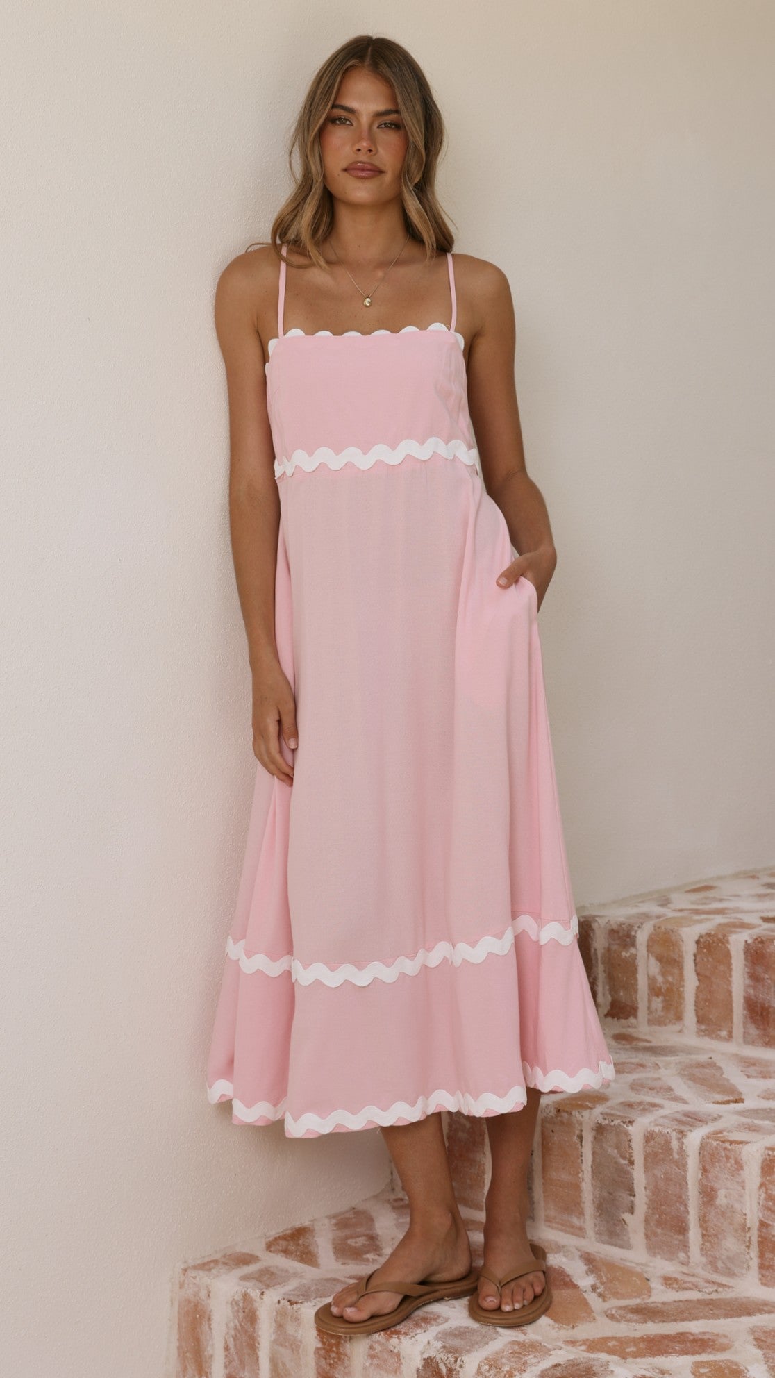 Blush Pink Linen Midi Dress with Ric Rac Trim