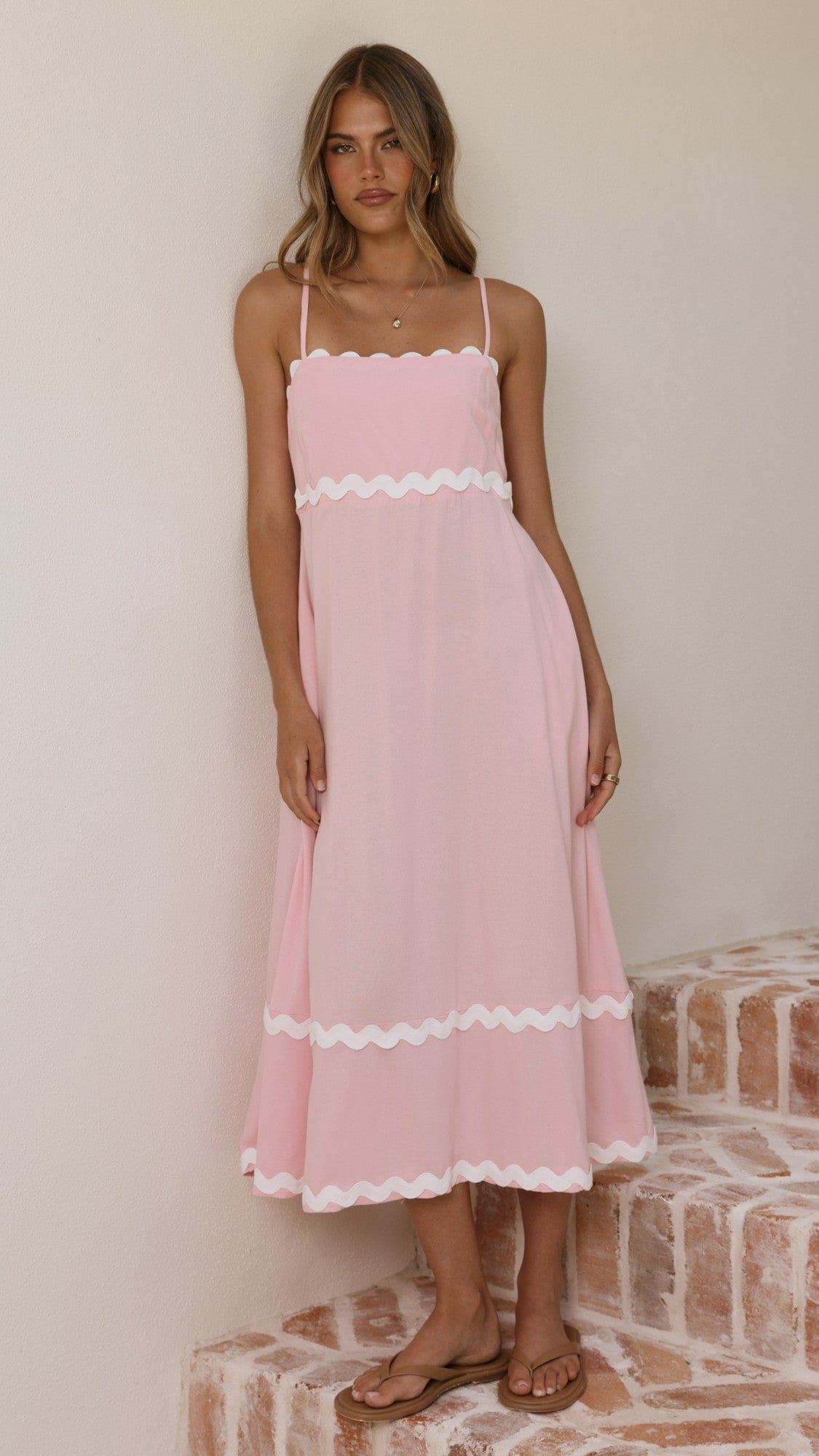 Blush Pink Linen Midi Dress with Ric Rac Trim