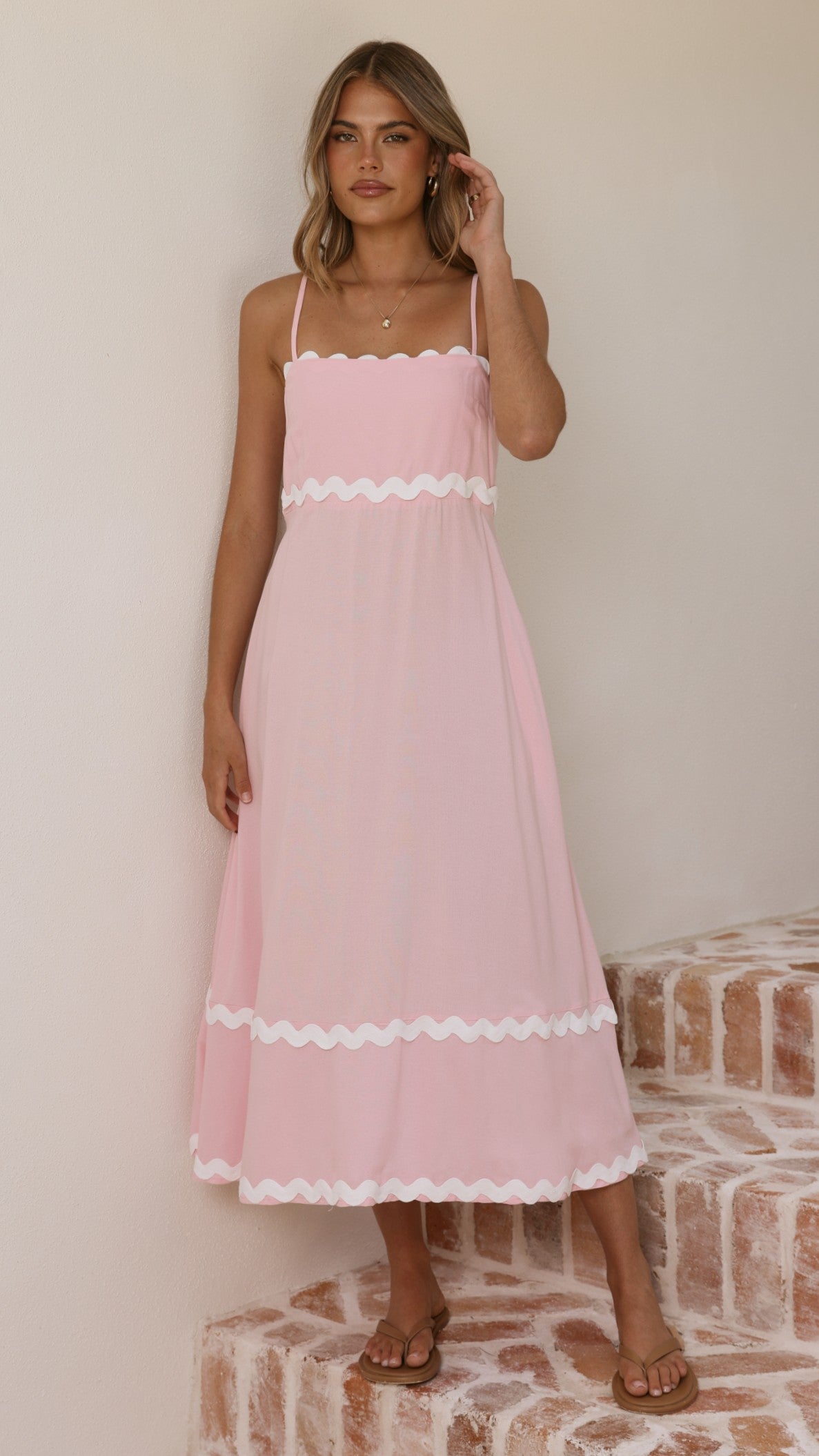 Blush Pink Linen Midi Dress with Ric Rac Trim