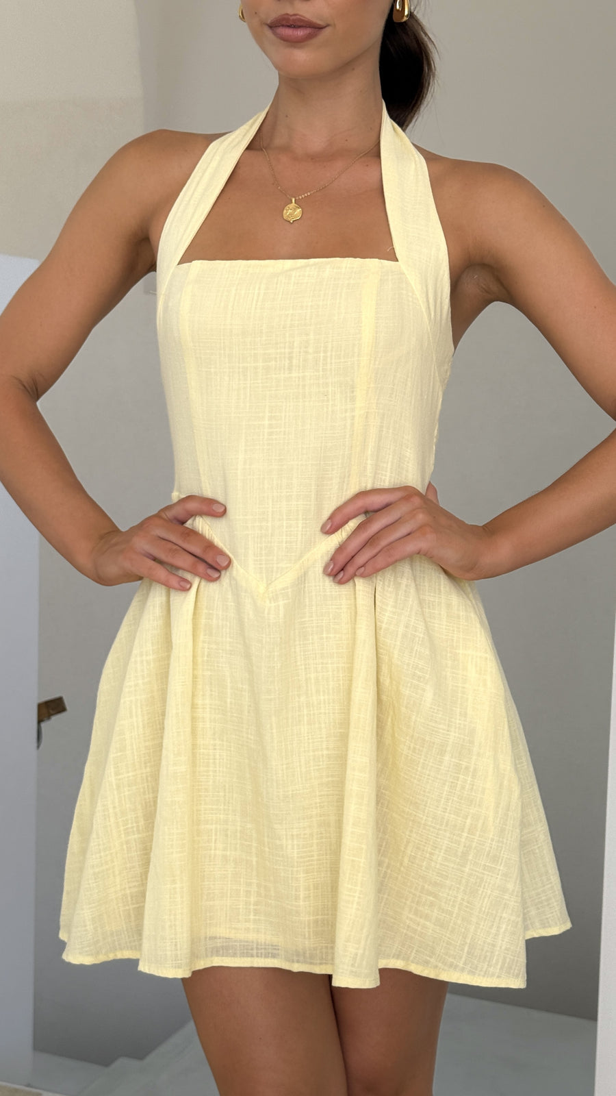 Butter Yellow Linen Halter Mini Dress – Smocked Back Summer Dress for Women