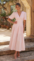Baby Pink Cotton Poplin Maxi Dress – Puff Sleeve Pleated Silhouette