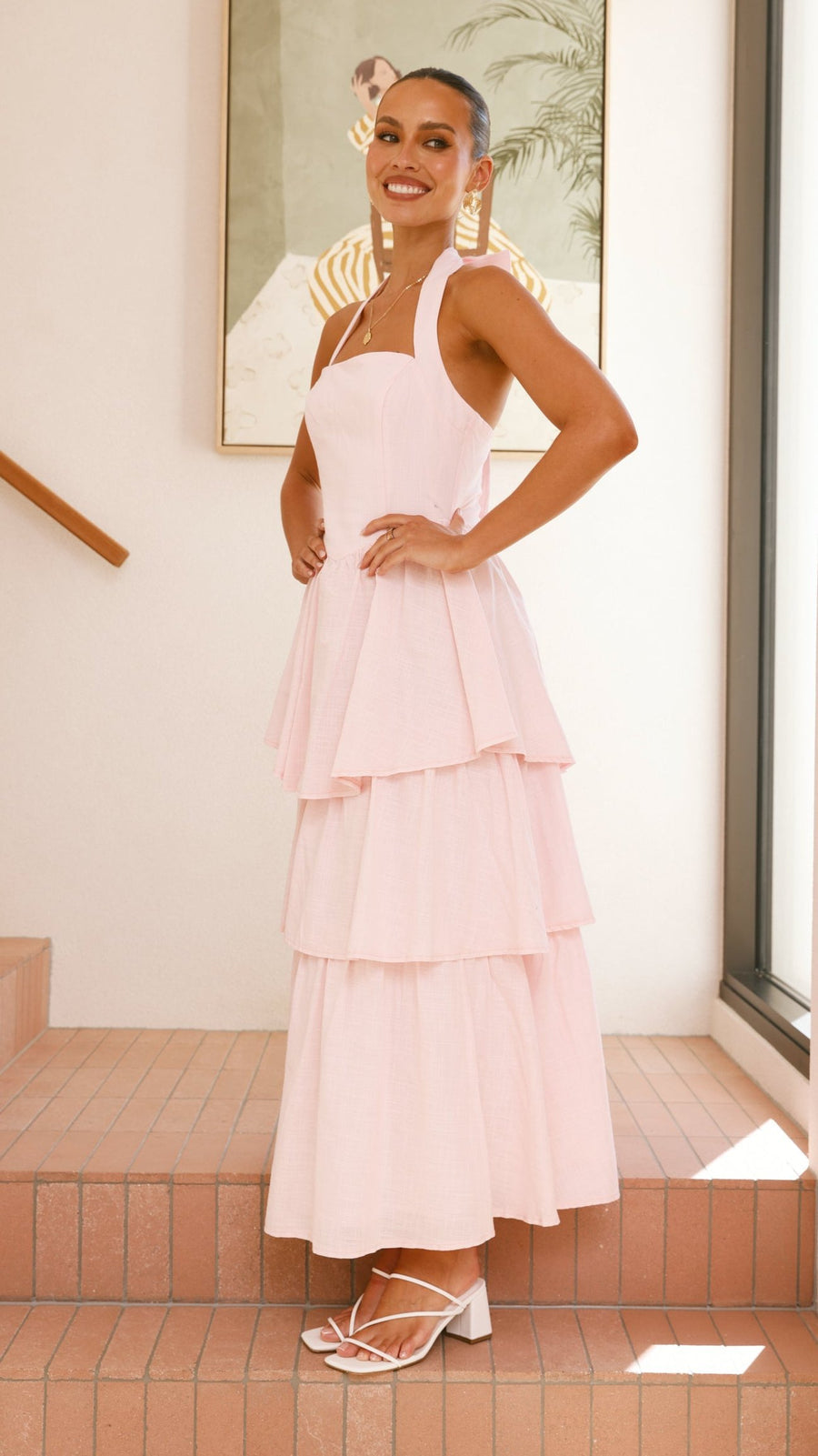 Pink Crepe Tiered Maxi Dress with Halter Neck & Tie-Up Bow