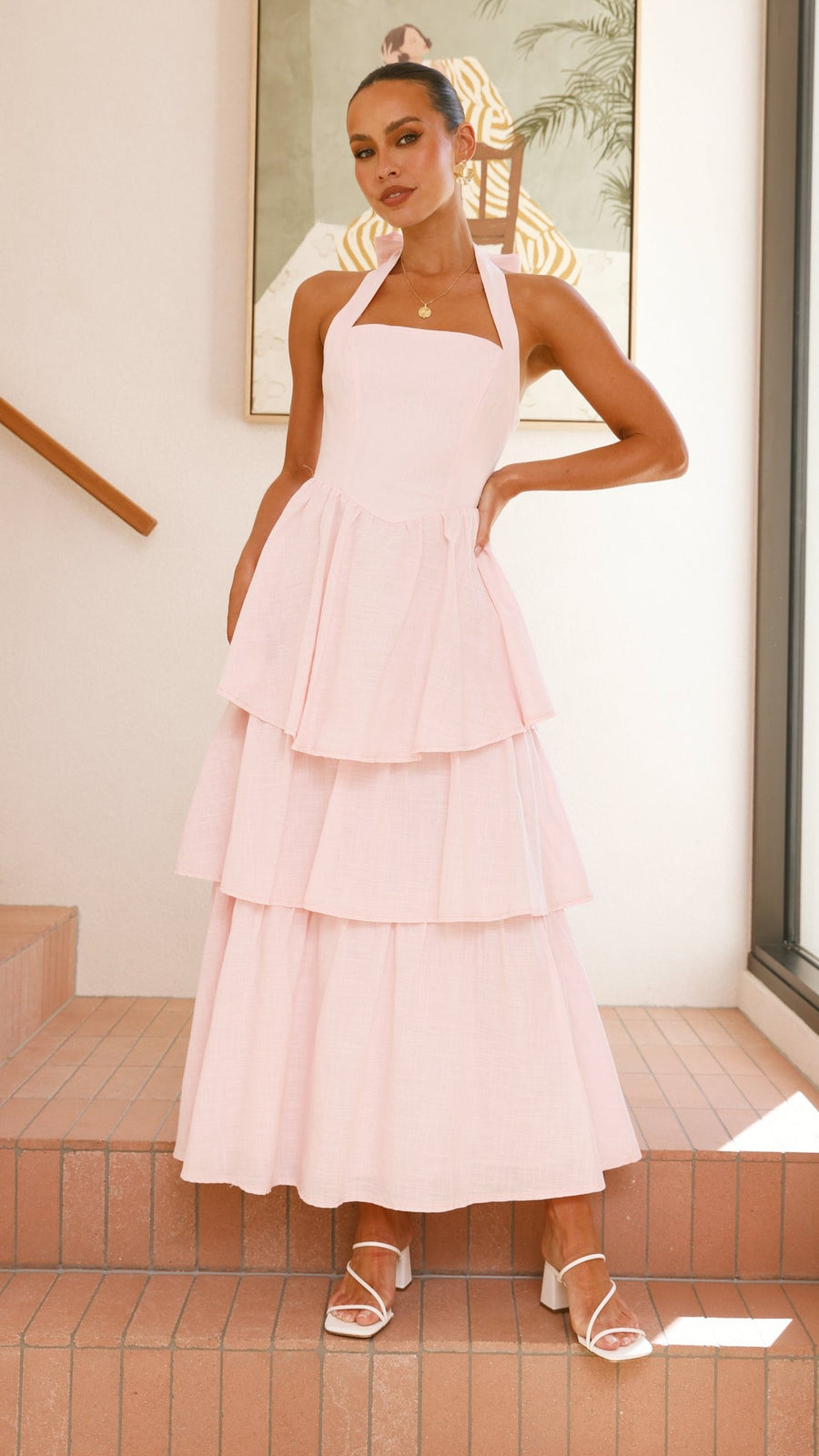 Pink Crepe Tiered Maxi Dress with Halter Neck & Tie-Up Bow