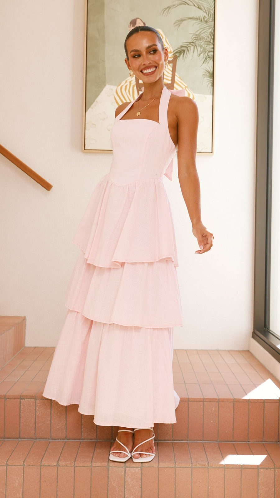Pink Crepe Tiered Maxi Dress with Halter Neck & Tie-Up Bow