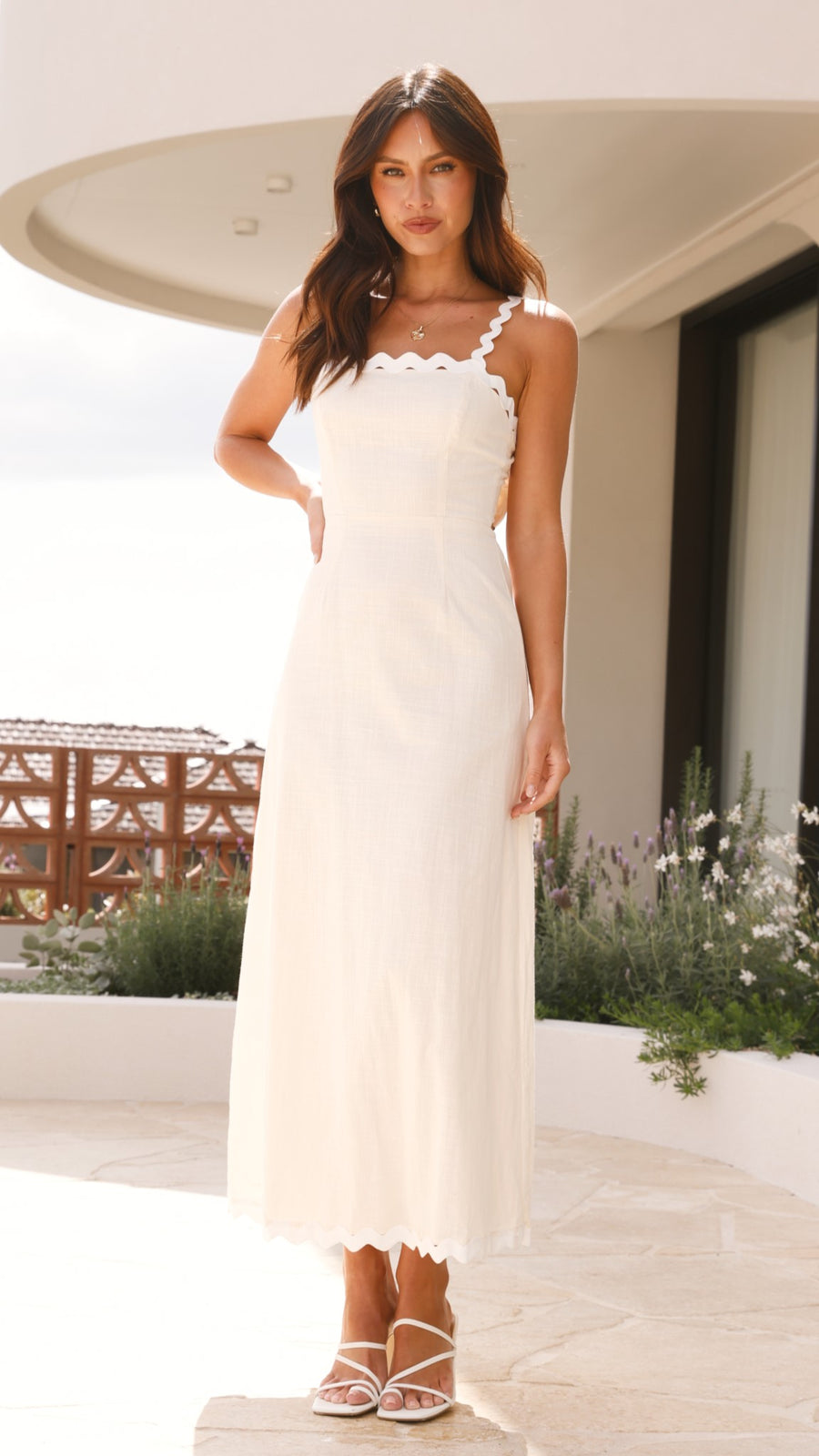 Ivory Linen Bow Back Midi Dress – Scalloped Straps & Hem